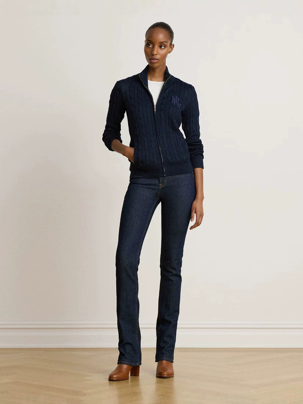 Zara Navy Vintage Stand Collar Zip-Up Slim Fit Knit Cardigan Fall Winter Commute